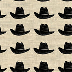 black cowboy hats, cream background, burlap texture, western theme, repeating pattern,, fabric panel, cowboy accessories, ranch style, country motif, hat silhouettes, rustic design, western wear, outdoor lifestyle, americana, geometric arrangement, monochrome design, vintage western, rodeo inspired
