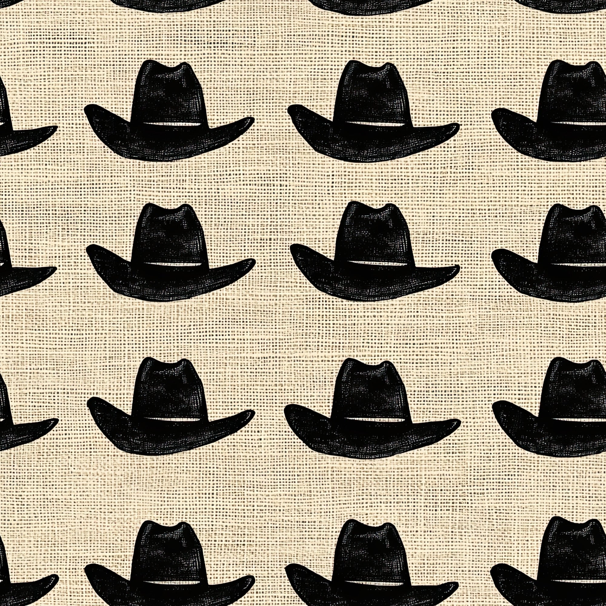 black cowboy hats, cream background, burlap texture, western theme, repeating pattern,, fabric panel, cowboy accessories, ranch style, country motif, hat silhouettes, rustic design, western wear, outdoor lifestyle, americana, geometric arrangement, monochrome design, vintage western, rodeo inspired