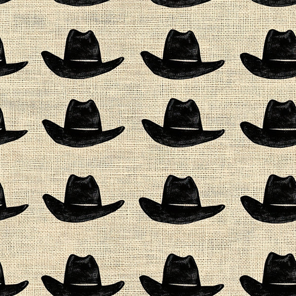 black cowboy hats, cream background, burlap texture, western theme, repeating pattern,, fabric panel, cowboy accessories, ranch style, country motif, hat silhouettes, rustic design, western wear, outdoor lifestyle, americana, geometric arrangement, monochrome design, vintage western, rodeo inspired