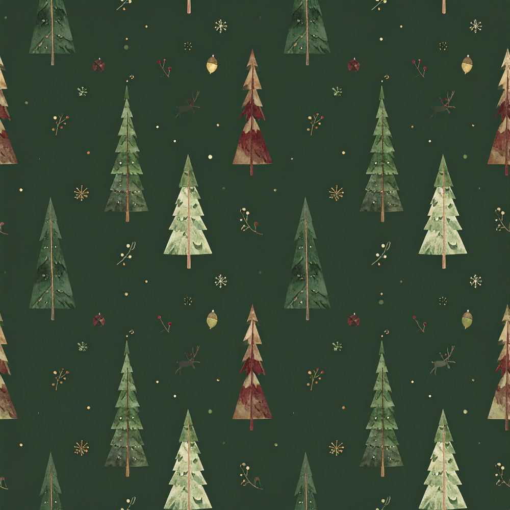 forest green, cream, gold, burgundy, christmas, holiday, winter, trees, evergreen, snowflakes, ornaments, deer, nature, woodland, festive, rustic, whimsical, traditional, seasonal, decorative elements, pine trees, christmas trees, gold accents, red berries, elegant, cozy, vintage, natural, forest theme, holiday decor