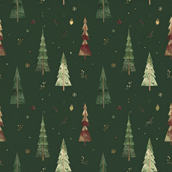 forest green, cream, gold, burgundy, christmas, holiday, winter, trees, evergreen, snowflakes, ornaments, deer, nature, woodland, festive, rustic, whimsical, traditional, seasonal, decorative elements, pine trees, christmas trees, gold accents, red berries, elegant, cozy, vintage, natural, forest theme, holiday decor
