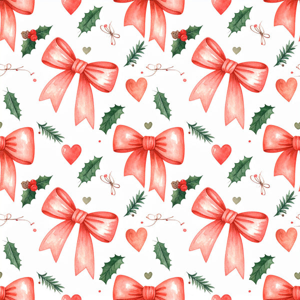 coral pink, red, forest green, ivory, cream, christmas, holiday, festive, bows, ribbons, hearts, holly leaves, evergreen, candy cane, whimsical, elegant, traditional, winter, seasonal, romantic, nature, botanical, decorative accents, gift giving, celebration, vintage, watercolor, soft, delicate, sweet