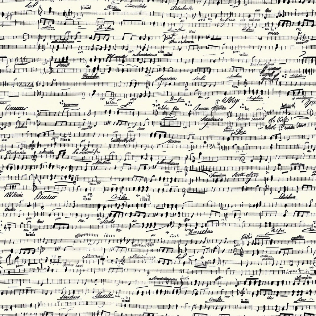 black and white, musical notes, sheet music, handwritten notation, vintage style, monochrome, cotton fabric, quilting panel, music themed, manuscript paper, treble clef, musical staff, antique aesthetic, cream background, ink writing, composer notes, musical composition, fabric panel, craft material