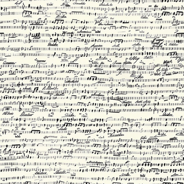black and white, musical notes, sheet music, handwritten notation, vintage style, monochrome, cotton fabric, quilting panel, music themed, manuscript paper, treble clef, musical staff, antique aesthetic, cream background, ink writing, composer notes, musical composition, fabric panel, craft material