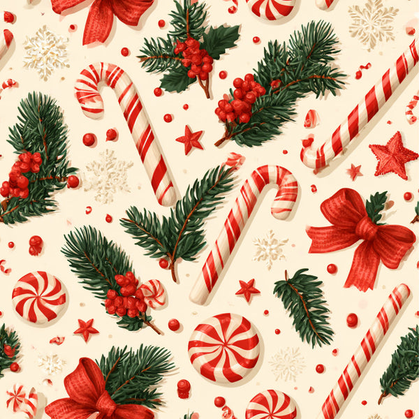 christmas, holiday, red and white, cream, forest green, candy cane, peppermint, striped, festive, winter, candy themed, pine branches, holly berries, red bows, snowflakes, stars, whimsical, traditional, seasonal, candy cane stripes, peppermint swirl, red ribbon, evergreen, december, yuletide, vintage christmas, classic holiday, cheerful, decorative