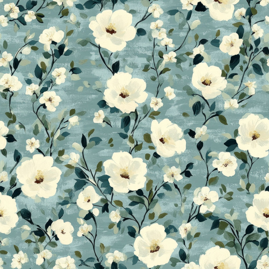 cornflower blue, sage green, cream white, floral pattern, botanical design, delicate flowers, leafy branches, vintage style, soft pastels,, fabric panel, romantic mood, feminine design, watercolor effect, scattered blooms, nature motif, gentle colors, flowing vines, artistic florals