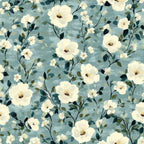cornflower blue, sage green, cream white, floral pattern, botanical design, delicate flowers, leafy branches, vintage style, soft pastels,, fabric panel, romantic mood, feminine design, watercolor effect, scattered blooms, nature motif, gentle colors, flowing vines, artistic florals