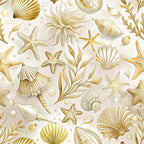 cream background, golden yellow, beige tones, seashells, starfish, sea anemone, coral branches, nautical shells, ocean treasures, marine life, beach themed, coastal pattern, watercolor style, elegant illustrations,, fabric panel, scattered design, tropical sea, underwater motifs, scallop shells