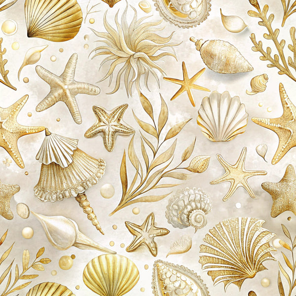 cream background, golden yellow, beige tones, seashells, starfish, sea anemone, coral branches, nautical shells, ocean treasures, marine life, beach themed, coastal pattern, watercolor style, elegant illustrations,, fabric panel, scattered design, tropical sea, underwater motifs, scallop shells