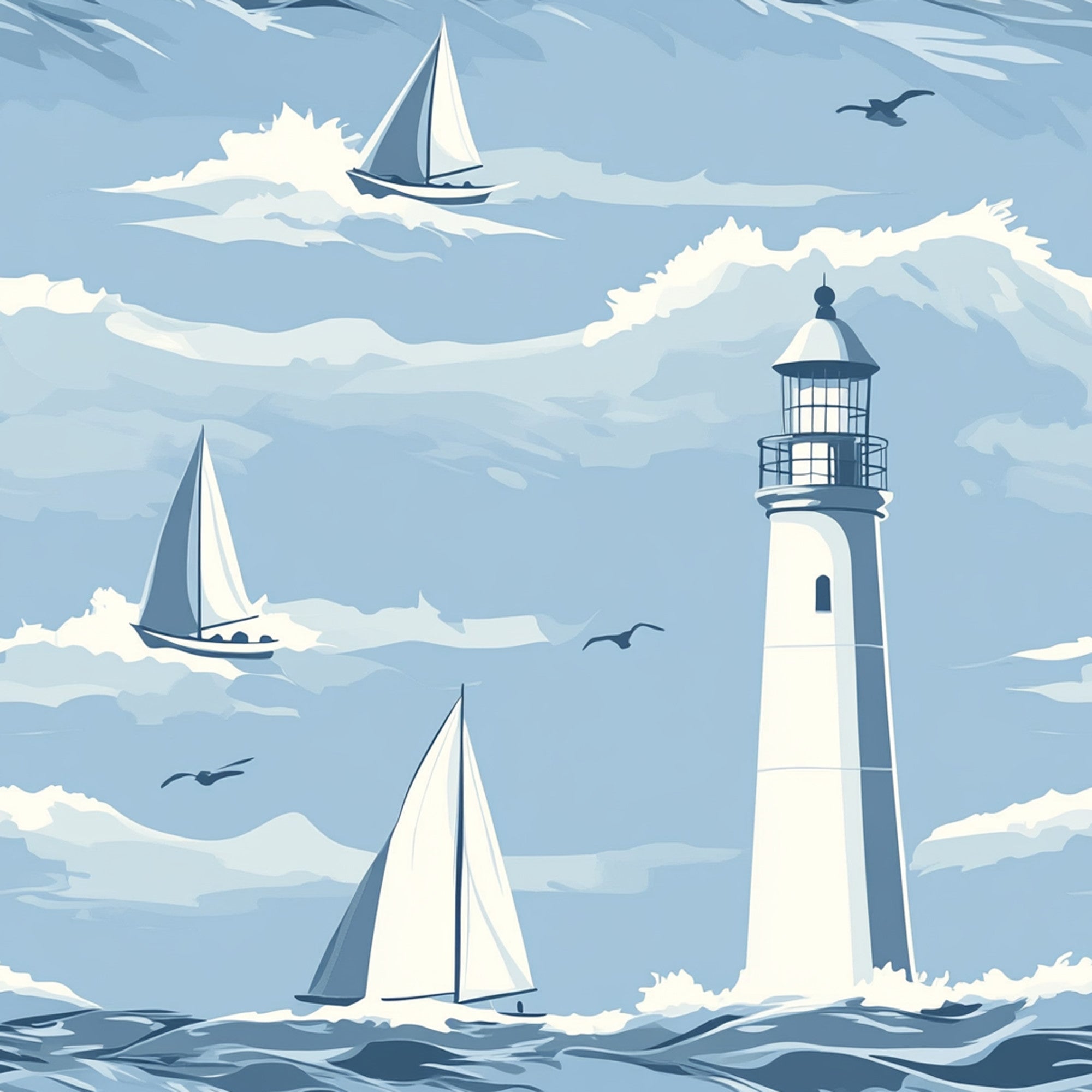 lighthouse, sailboats, nautical scene, ocean waves, seagulls, blue sky, white clouds, coastal theme, maritime, sailing vessels, light blue, navy blue, cream white,, fabric panel, seaside pattern, marine life, boat sails, lighthouse beacon, windswept clouds