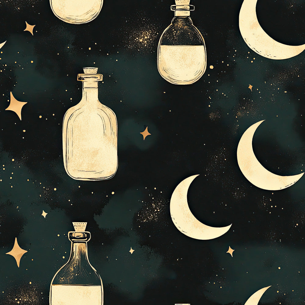 celestial, night sky, moons, stars, dark teal, cream, gold accents, mystical, whimsical, magical, dreamy, bottles, potion bottles, vintage apothecary, enchanted, witchy, dark academia, moon phase, celestial theme, nighttime, ethereal, elegant, sophisticated, fantasy, spell book aesthetic, mystical night, golden stars, crescent moons, nursery, kids room