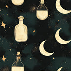 celestial, night sky, moons, stars, dark teal, cream, gold accents, mystical, whimsical, magical, dreamy, bottles, potion bottles, vintage apothecary, enchanted, witchy, dark academia, moon phase, celestial theme, nighttime, ethereal, elegant, sophisticated, fantasy, spell book aesthetic, mystical night, golden stars, crescent moons, nursery, kids room