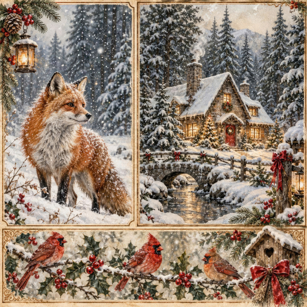winter scene, snowy landscape, fox, cardinals, red birds, holly berries, evergreen trees, snow-covered cottage, stone bridge, holiday, christmas, festive, traditional, vintage, rustic, elegant, cream, ivory, rust brown, deep red, forest green, white snow, gold accents, woodland animals, nature, winter wildlife, cozy cabin, decorative, whimsical, seasonal
