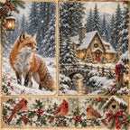 winter scene, snowy landscape, fox, cardinals, red birds, holly berries, evergreen trees, snow-covered cottage, stone bridge, holiday, christmas, festive, traditional, vintage, rustic, elegant, cream, ivory, rust brown, deep red, forest green, white snow, gold accents, woodland animals, nature, winter wildlife, cozy cabin, decorative, whimsical, seasonal
