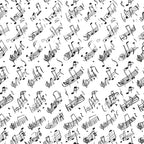 black and white, musical notes, treble clef, staff lines, handwritten style, scattered pattern, monochrome,, fabric panel, music theme, flowing design, artistic notation, repeating motif, craft fabric, sewing material, musical symbols, elegant pattern, contemporary style
