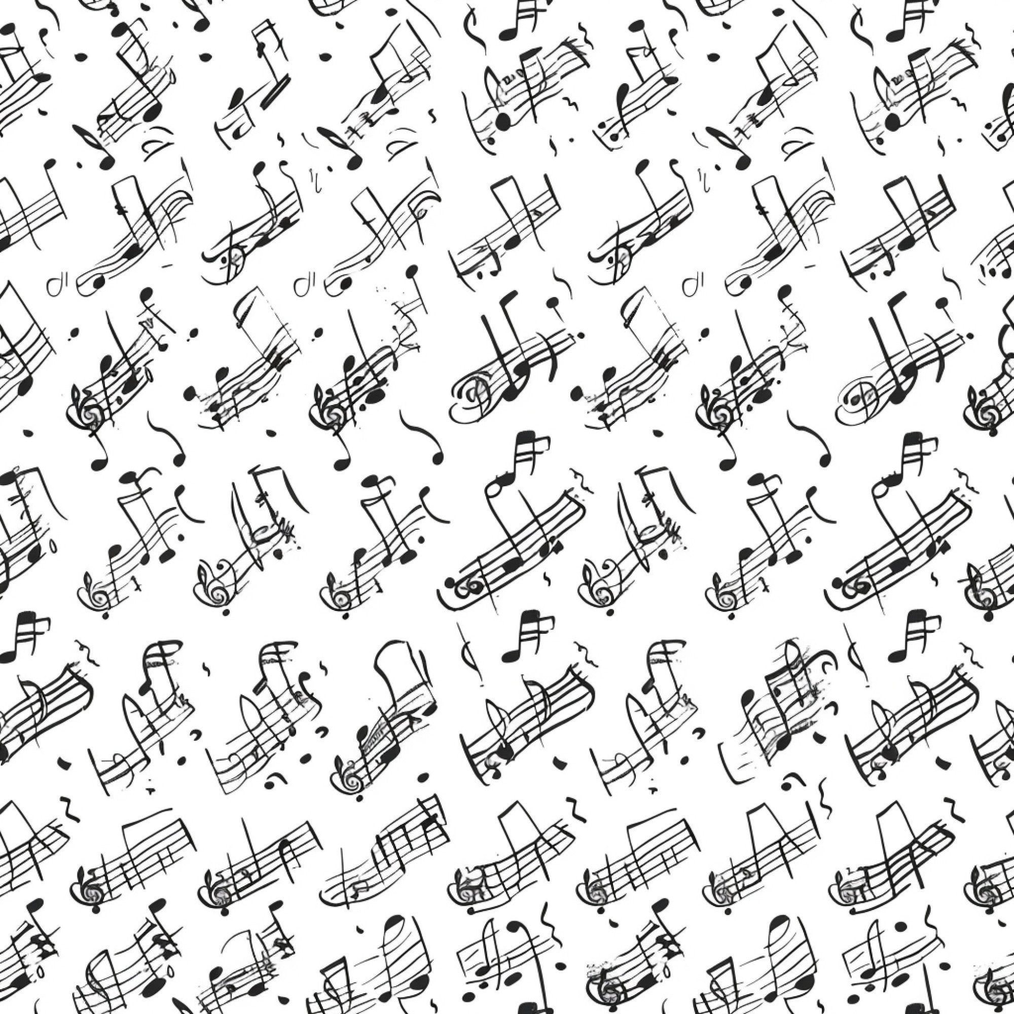 black and white, musical notes, treble clef, staff lines, handwritten style, scattered pattern, monochrome,, fabric panel, music theme, flowing design, artistic notation, repeating motif, craft fabric, sewing material, musical symbols, elegant pattern, contemporary style