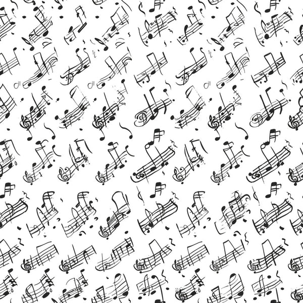 black and white, musical notes, treble clef, staff lines, handwritten style, scattered pattern, monochrome,, fabric panel, music theme, flowing design, artistic notation, repeating motif, craft fabric, sewing material, musical symbols, elegant pattern, contemporary style