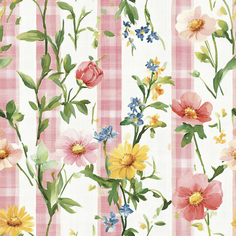 coral pink, dusty rose, pale pink, cream, white, soft yellow, navy blue, sage green, pastel floral, striped, gingham, vintage floral, garden flowers, daisy, rose, small flowers, spring, summer, botanical, nature, traditional, cottage core, whimsical, romantic, elegant, nursery, baby girl, kids room, playroom, cheerful