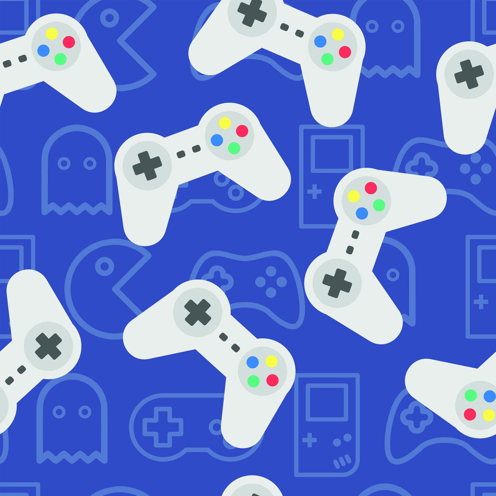 blue, royal blue, white, gaming controllers, video game, retro controllers, geometric pattern, gaming theme,, fabric panel, gaming icons, controller buttons, colorful buttons, red buttons, yellow buttons, green buttons, digital pattern, gaming motifs, scattered design, modern gaming