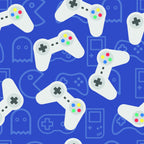 blue, royal blue, white, gaming controllers, video game, retro controllers, geometric pattern, gaming theme,, fabric panel, gaming icons, controller buttons, colorful buttons, red buttons, yellow buttons, green buttons, digital pattern, gaming motifs, scattered design, modern gaming