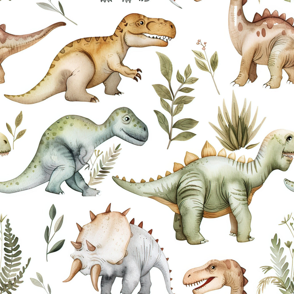 watercolor dinosaurs, prehistoric creatures, t-rex, stegosaurus, triceratops, green foliage, botanical elements, brown tones, sage green, cream background, orange accents, repeating pattern, children's fabric,, fabric panel, whimsical illustrations, nature theme, educational motif, nursery decor, craft supplies