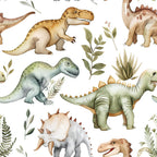 watercolor dinosaurs, prehistoric creatures, t-rex, stegosaurus, triceratops, green foliage, botanical elements, brown tones, sage green, cream background, orange accents, repeating pattern, children's fabric,, fabric panel, whimsical illustrations, nature theme, educational motif, nursery decor, craft supplies