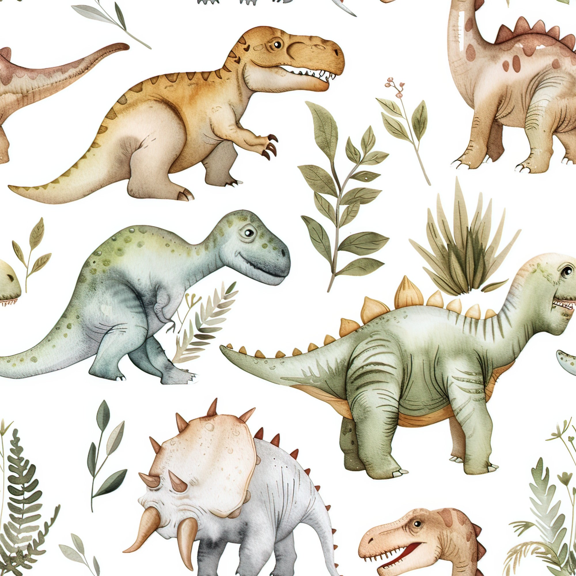 watercolor dinosaurs, prehistoric creatures, t-rex, stegosaurus, triceratops, green foliage, botanical elements, brown tones, sage green, cream background, orange accents, repeating pattern, children's fabric,, fabric panel, whimsical illustrations, nature theme, educational motif, nursery decor, craft supplies