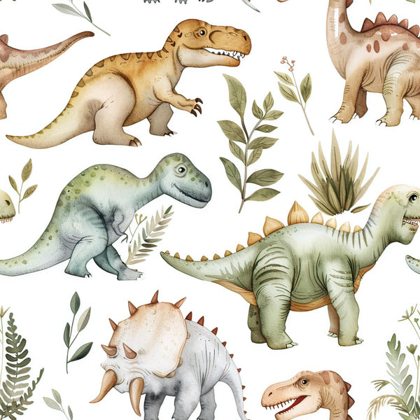 watercolor dinosaurs, prehistoric creatures, t-rex, stegosaurus, triceratops, green foliage, botanical elements, brown tones, sage green, cream background, orange accents, repeating pattern, children's fabric,, fabric panel, whimsical illustrations, nature theme, educational motif, nursery decor, craft supplies