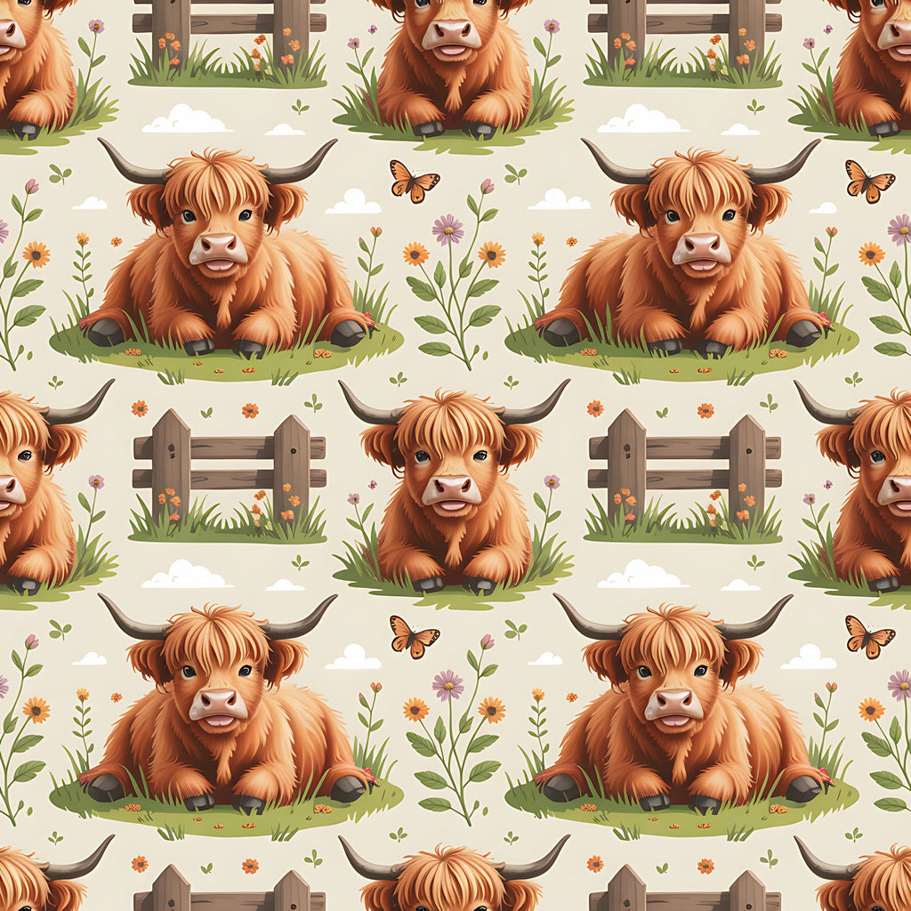 cartoon highland cows, orange fur, brown horns, pastoral scene, wooden fence, wildflowers, butterflies, grass patches, whimsical style, cute animals,, fabric panel, repeating pattern, farm theme, countryside, soft colors, cream background, floral elements, children's fabric, adorable cows