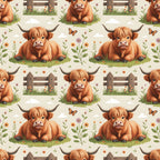 cartoon highland cows, orange fur, brown horns, pastoral scene, wooden fence, wildflowers, butterflies, grass patches, whimsical style, cute animals,, fabric panel, repeating pattern, farm theme, countryside, soft colors, cream background, floral elements, children's fabric, adorable cows