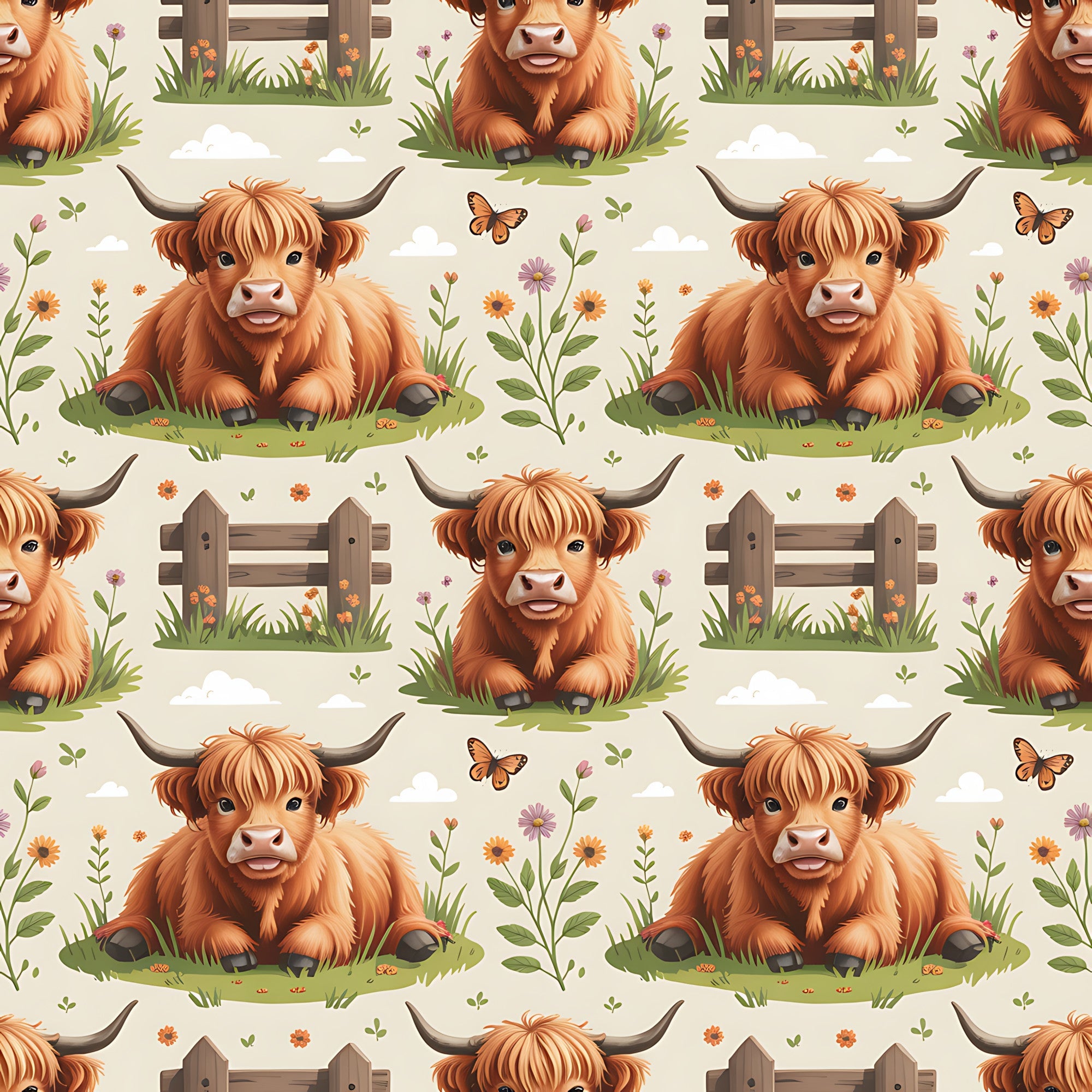 cartoon highland cows, orange fur, brown horns, pastoral scene, wooden fence, wildflowers, butterflies, grass patches, whimsical style, cute animals,, fabric panel, repeating pattern, farm theme, countryside, soft colors, cream background, floral elements, children's fabric, adorable cows