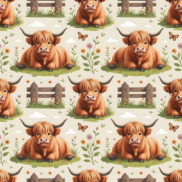 cartoon highland cows, orange fur, brown horns, pastoral scene, wooden fence, wildflowers, butterflies, grass patches, whimsical style, cute animals,, fabric panel, repeating pattern, farm theme, countryside, soft colors, cream background, floral elements, children's fabric, adorable cows