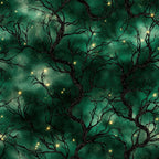 forest green, emerald green, dark green, gold lights, golden stars, celestial, night sky, starry, bare branches, tree branches, twisted branches, magical, whimsical, enchanted forest, mystical, fantasy, dark academia, moody, elegant, nature, woodland, nighttime, dreamy, sparkly, glowing, luminous, winter, ethereal