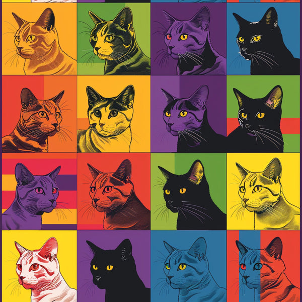 cat portraits, pop art style, vibrant colors, orange, purple, green, blue, yellow, red, feline faces, colorful blocks, patchwork squares, quilting panel, cotton fabric, bright hues, artistic cats, multi-colored, geometric layout, pet theme, crafting material