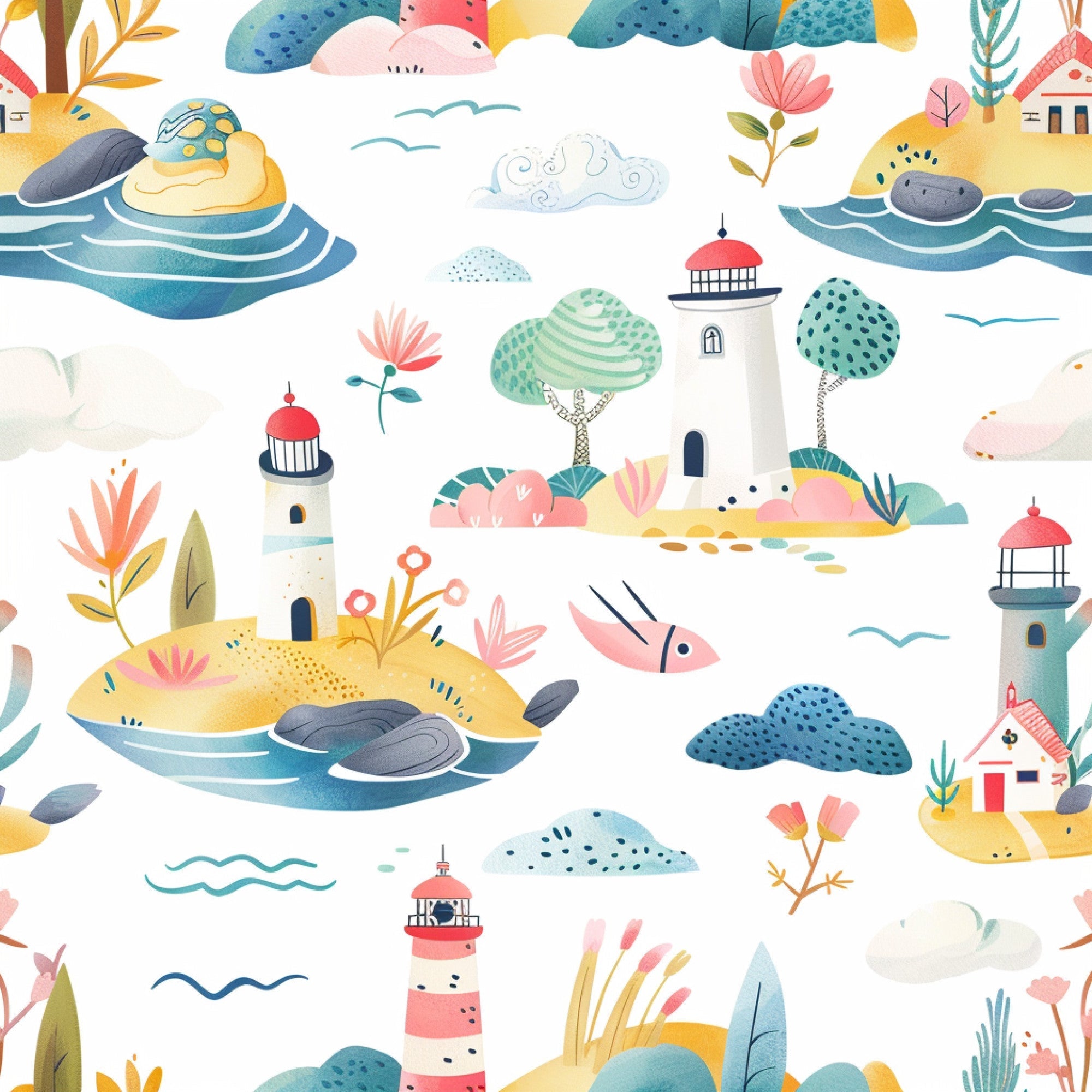 springtime, lighthouse, coastal scene, watercolor style, whimsical illustration, coral pink, teal blue, sunny yellow, sage green, navy blue, seagulls, ocean waves, tropical flowers, palm trees, islands, boats, clouds,, fabric panel, nautical theme
