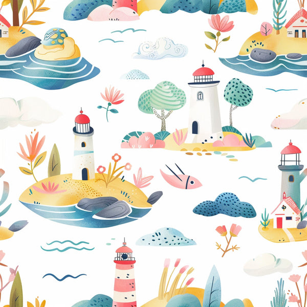 springtime, lighthouse, coastal scene, watercolor style, whimsical illustration, coral pink, teal blue, sunny yellow, sage green, navy blue, seagulls, ocean waves, tropical flowers, palm trees, islands, boats, clouds,, fabric panel, nautical theme
