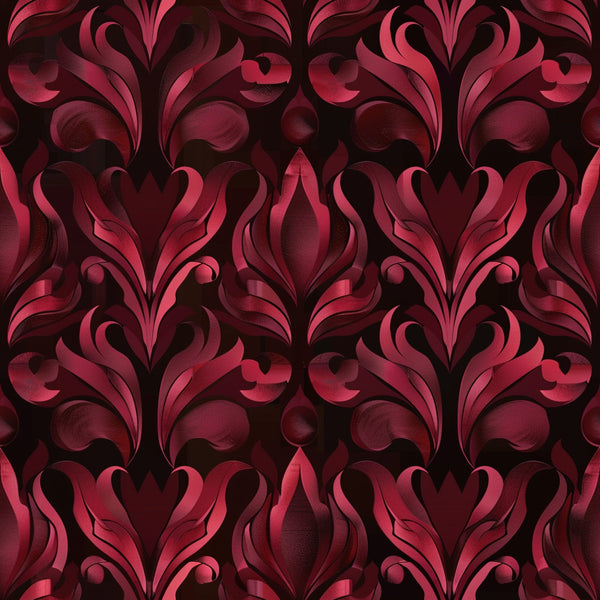 burgundy, deep red, maroon, crimson, abstract pattern, damask motif, ornate scrollwork, flourishes, decorative swirls, baroque style, elegant curves, dimensional design, luxurious, rich tones,, fabric panel, sophisticated pattern, flowing lines, ornamental design, repeating motif