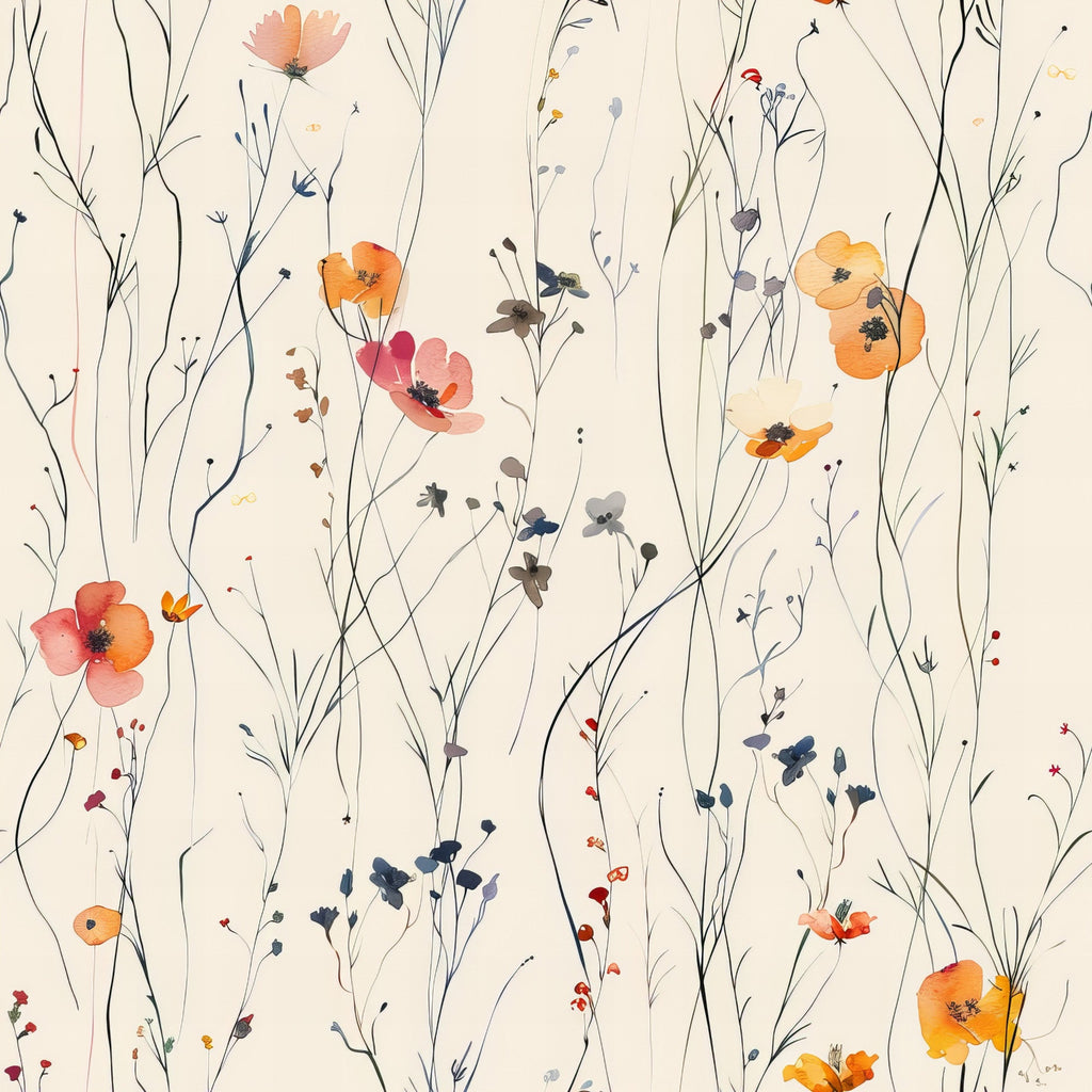 handdrawn meadow, wildflowers, floral pattern, orange poppies, coral flowers, delicate stems, botanical illustration, watercolor style, cream background, nature motif,, fabric panel, scattered blooms, whimsical florals, soft pastels, organic design, spring flowers, artistic rendering, feminine pattern, crafting fabric