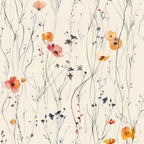 handdrawn meadow, wildflowers, floral pattern, orange poppies, coral flowers, delicate stems, botanical illustration, watercolor style, cream background, nature motif,, fabric panel, scattered blooms, whimsical florals, soft pastels, organic design, spring flowers, artistic rendering, feminine pattern, crafting fabric