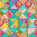 spring patchwork,, fabric panel, triangular blocks, floral motifs, geometric patterns, teal, coral, purple, yellow, pink, green, polka dots, gingham checks, stripes, roses, daisies, tropical flowers, bright colors, pieced design, quilt blocks, botanical prints, mixed patterns