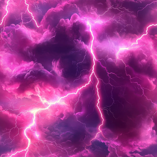 magenta, purple, fuchsia, lightning bolts, thunderstorm, electric patterns, dramatic clouds, storm clouds,, fabric panel, nature elements, weather theme, electric energy, bright lightning, stormy sky, cotton fabric, vibrant colors, meteorological, atmospheric, quilting material