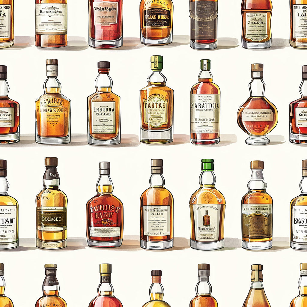 whiskey bottles, amber liquid, golden brown, russet orange, cream labels, glass bottles, scottish theme, alcohol collection, vintage bottles,, fabric panel, realistic illustration, bar scene, distillery motif, brown tones, bottle shapes, spirits design, beverage pattern, detailed artwork, repeating pattern