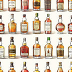 whiskey bottles, amber liquid, golden brown, russet orange, cream labels, glass bottles, scottish theme, alcohol collection, vintage bottles,, fabric panel, realistic illustration, bar scene, distillery motif, brown tones, bottle shapes, spirits design, beverage pattern, detailed artwork, repeating pattern