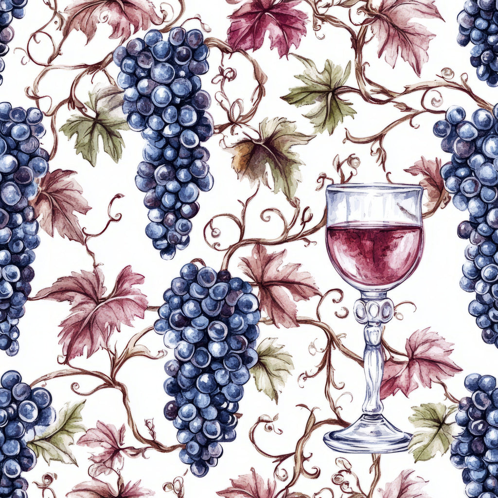 burgundy, deep blue, wine red, sage green, cream background, grapes, grape clusters, wine glass, grapevines, vineyard, leaves, botanical, watercolor style, repeating pattern,, fabric panel, wine theme, vintage style, elegant, autumn colors