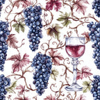 burgundy, deep blue, wine red, sage green, cream background, grapes, grape clusters, wine glass, grapevines, vineyard, leaves, botanical, watercolor style, repeating pattern,, fabric panel, wine theme, vintage style, elegant, autumn colors