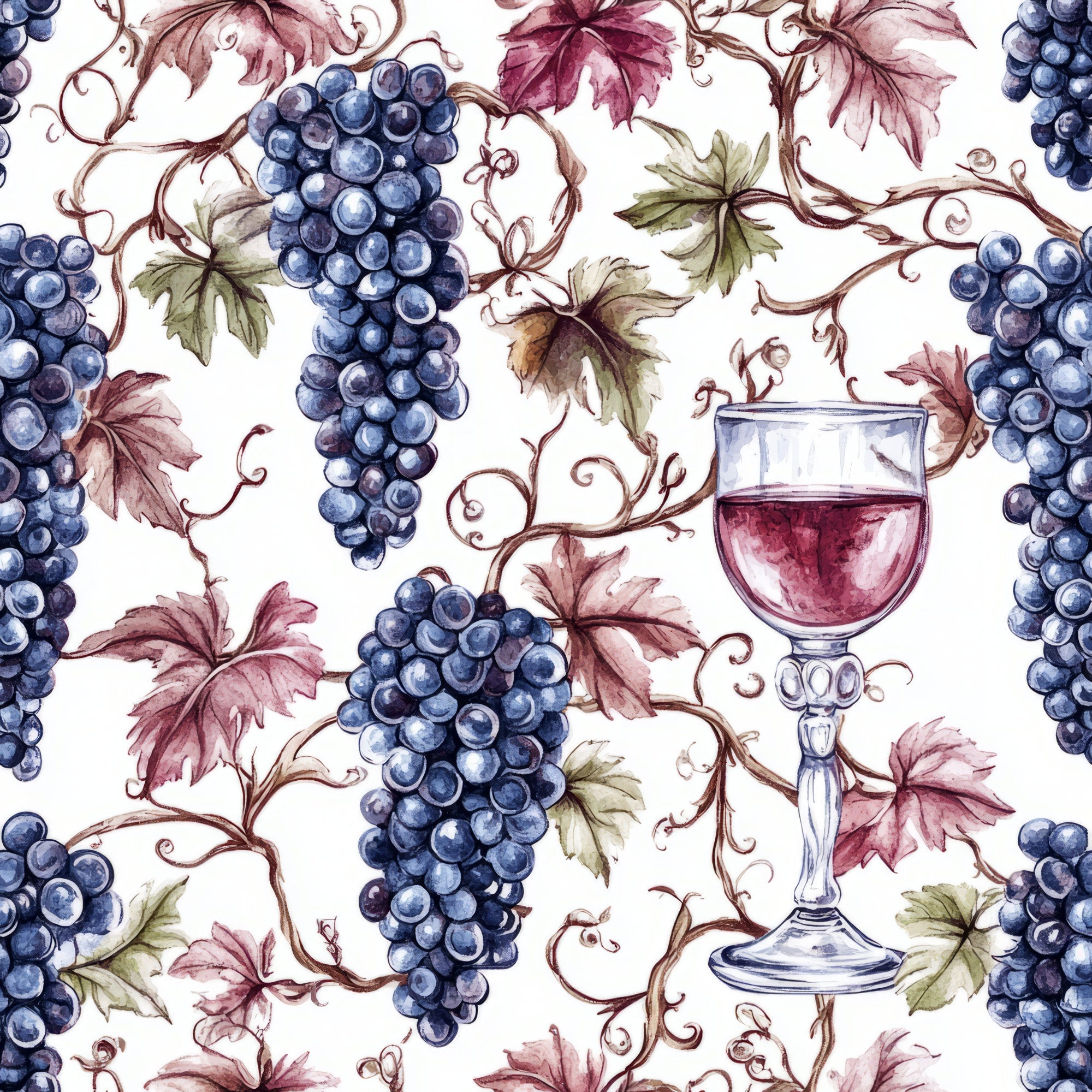 burgundy, deep blue, wine red, sage green, cream background, grapes, grape clusters, wine glass, grapevines, vineyard, leaves, botanical, watercolor style, repeating pattern,, fabric panel, wine theme, vintage style, elegant, autumn colors