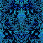 navy blue, cyan blue, turquoise, electric blue, deep blue, ornate, damask, baroque, victorian, nautical, ocean, sea creatures, jellyfish, fish, shells, scrollwork, flourishes, crown, royal, elegant, luxurious, vintage, ornamental, coastal, whimsical, underwater, aquatic, sophisticated, decorative, classical