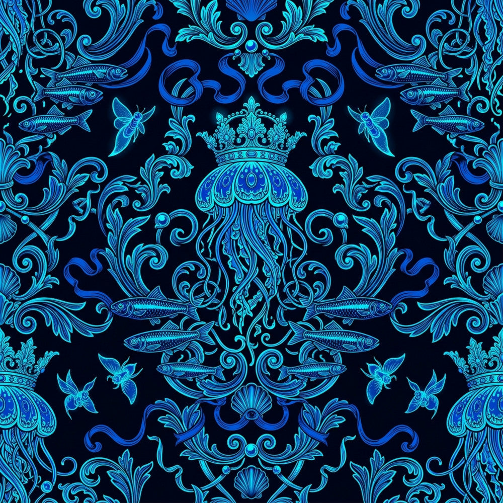 navy blue, cyan blue, turquoise, electric blue, deep blue, ornate, damask, baroque, victorian, nautical, ocean, sea creatures, jellyfish, fish, shells, scrollwork, flourishes, crown, royal, elegant, luxurious, vintage, ornamental, coastal, whimsical, underwater, aquatic, sophisticated, decorative, classical