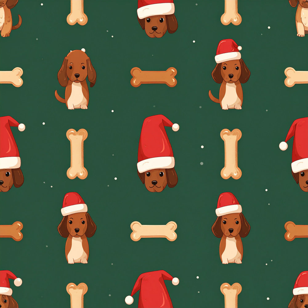 forest green, cream, red, brown, dog, puppy, spaniel, bone, santa hat, christmas, holiday, festive, cute, whimsical, playful, cheerful, kids, children, nursery, playroom, winter, pet themed, animal print, repeating pattern, beige, tan, snow, seasonal, gift fabric, dog lover