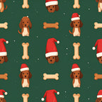 forest green, cream, red, brown, dog, puppy, spaniel, bone, santa hat, christmas, holiday, festive, cute, whimsical, playful, cheerful, kids, children, nursery, playroom, winter, pet themed, animal print, repeating pattern, beige, tan, snow, seasonal, gift fabric, dog lover